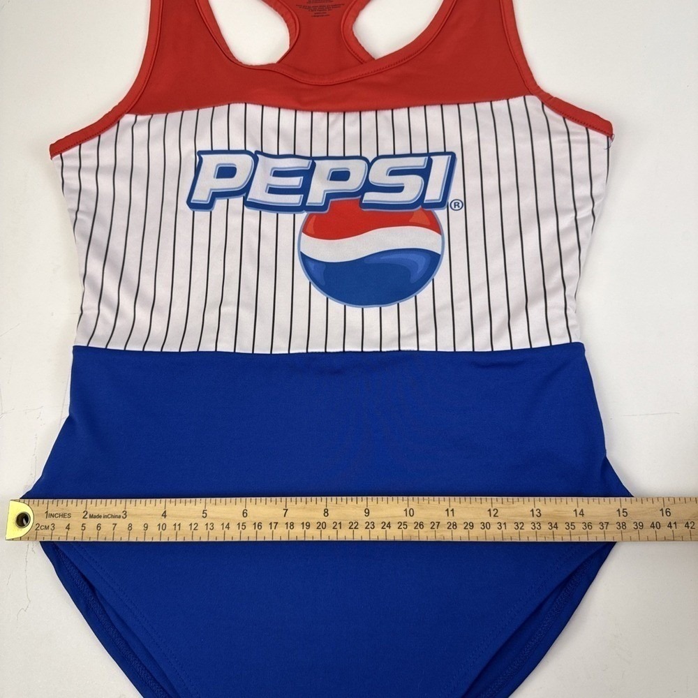 Pepsi One Piece Swimsuit Women Large Blue Red White Pinstripe Racerback Logo - Picture 7 of 11